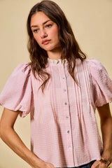 Trendsi SO ME Gingham Lace Trim Button Bubble Sleeves Blouse -
