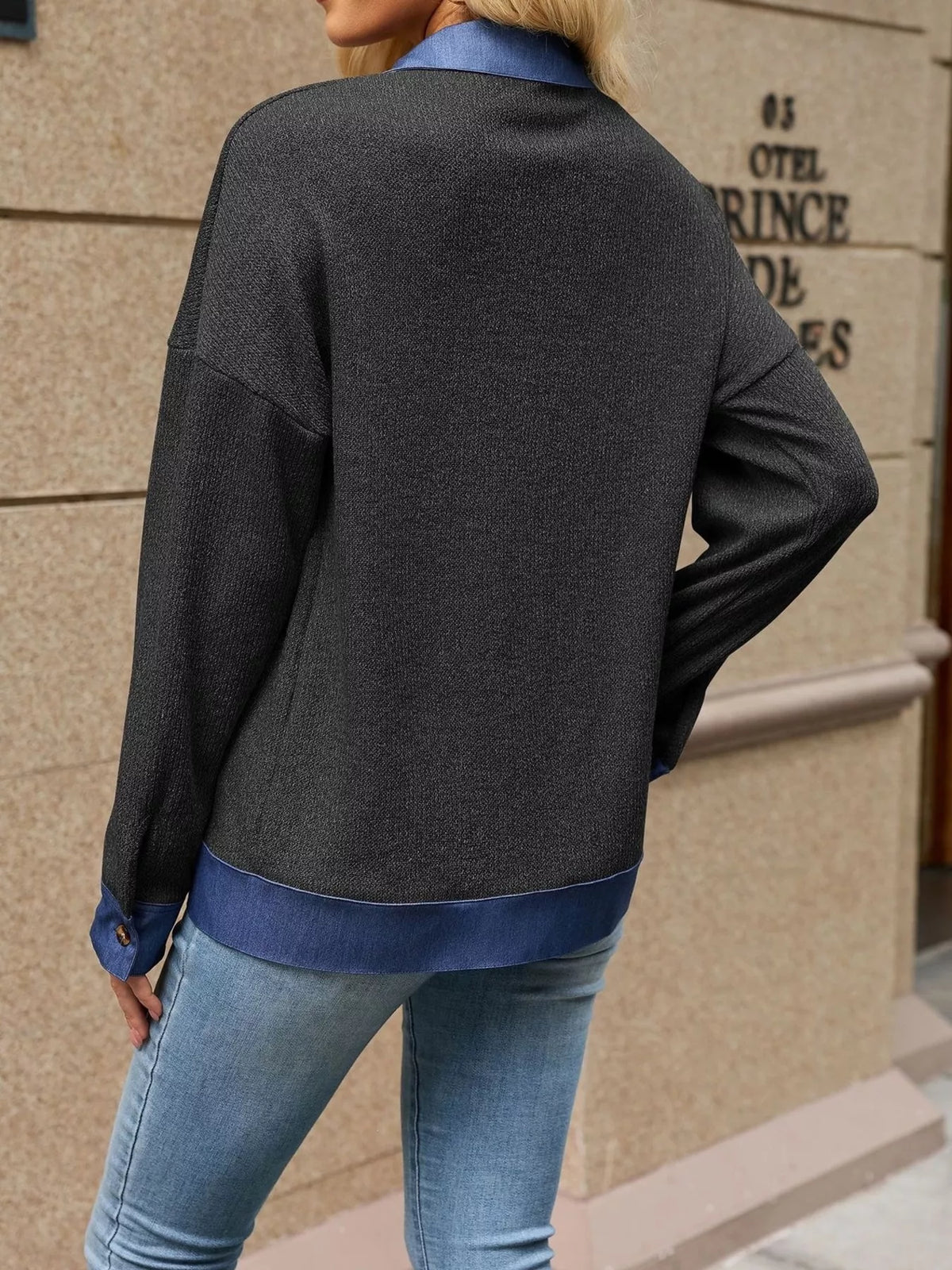 Trendsi Contrast Denim Collar Zip Up Outerwear -