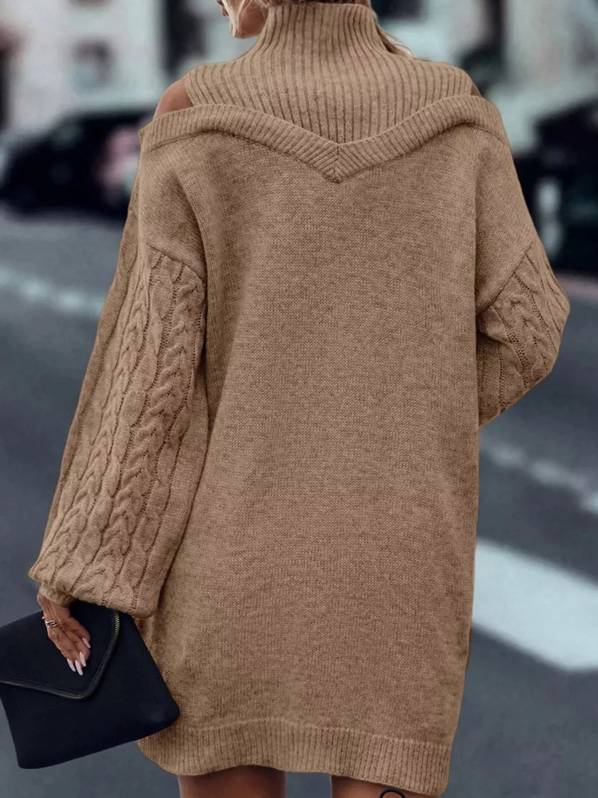 Beige cold shoulder cable knit mock neck sweater dress, back view