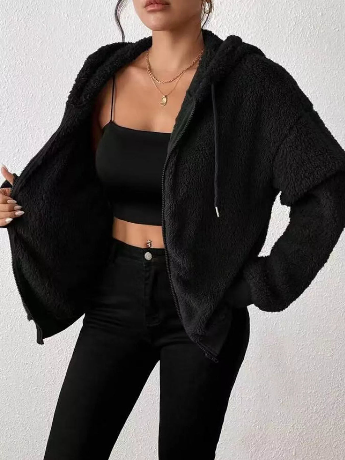 Fleece Zip-Up Hooded Jacket in black, front view