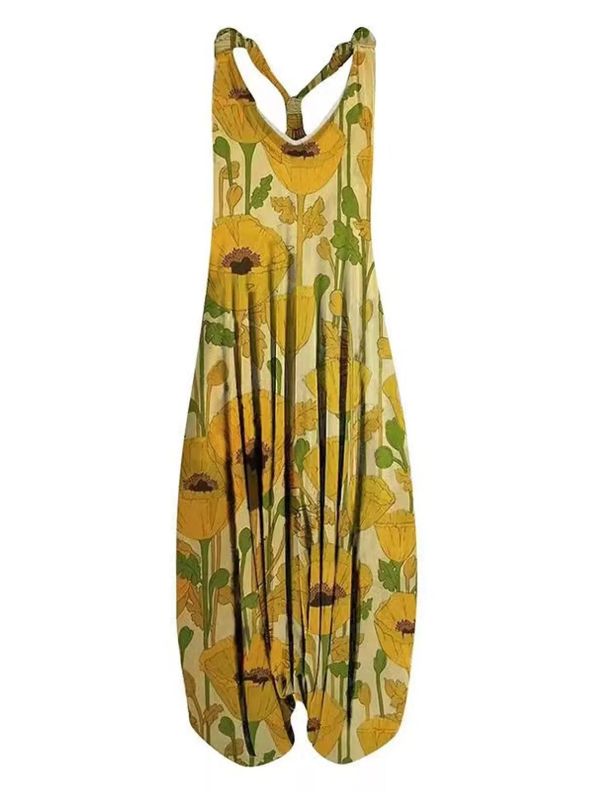 Yellow poppy-print V-neck sleeveless jumpsuit