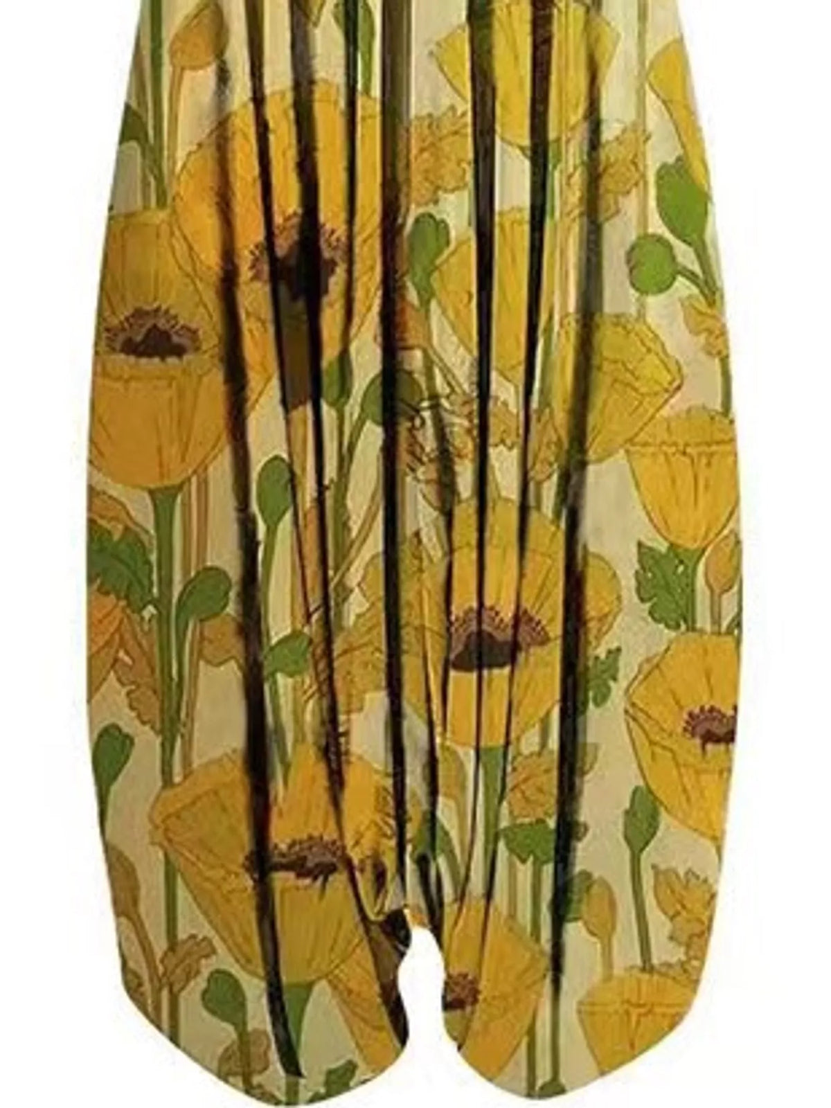 Yellow poppy-print V-neck sleeveless jumpsuit, leg and print detail