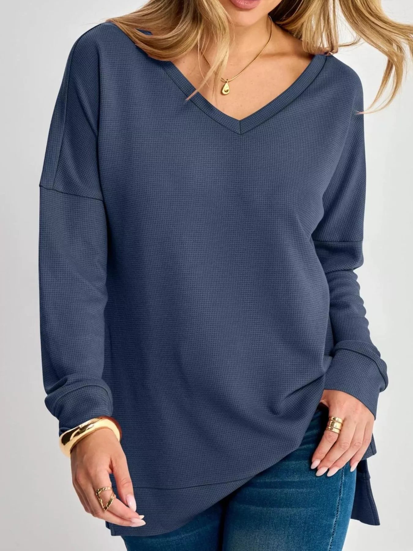 Trendsi Side Slit Waffle Knit V-Neck T-Shirt -