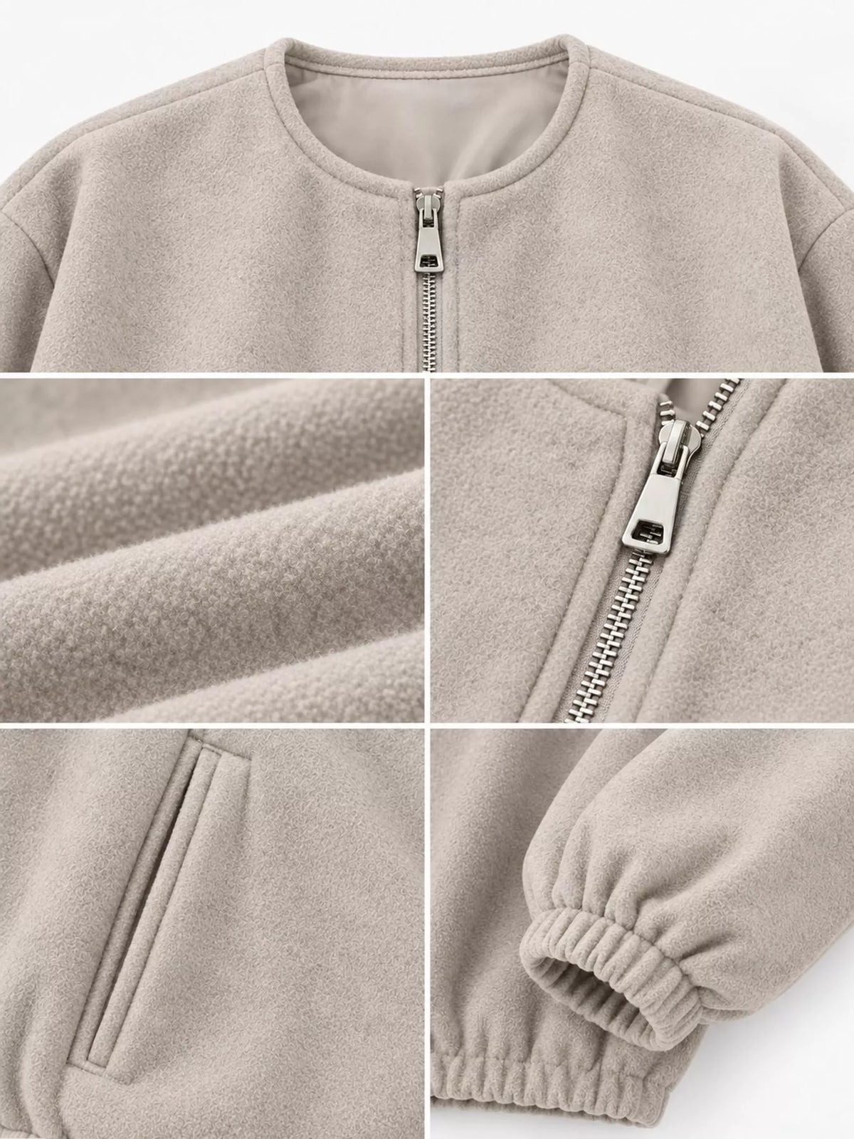 Cropped Round-Neck Zip-Up Jacket — garment construction details
