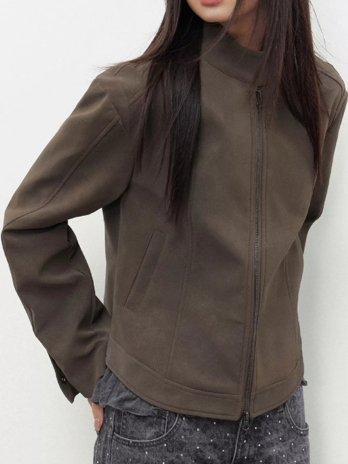 Women's Zip Up Cropped Jacket in brown — side view