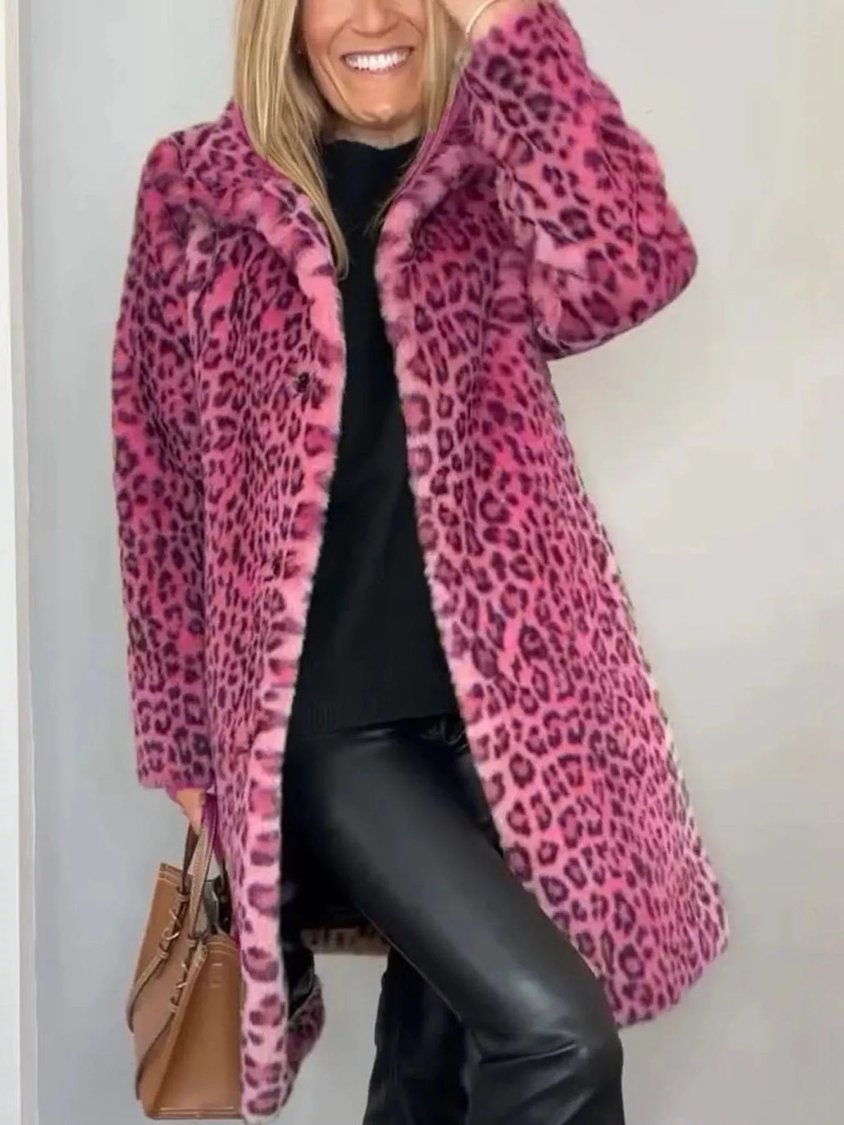 Open Front Leopard Print Faux Fur Jacket — front view