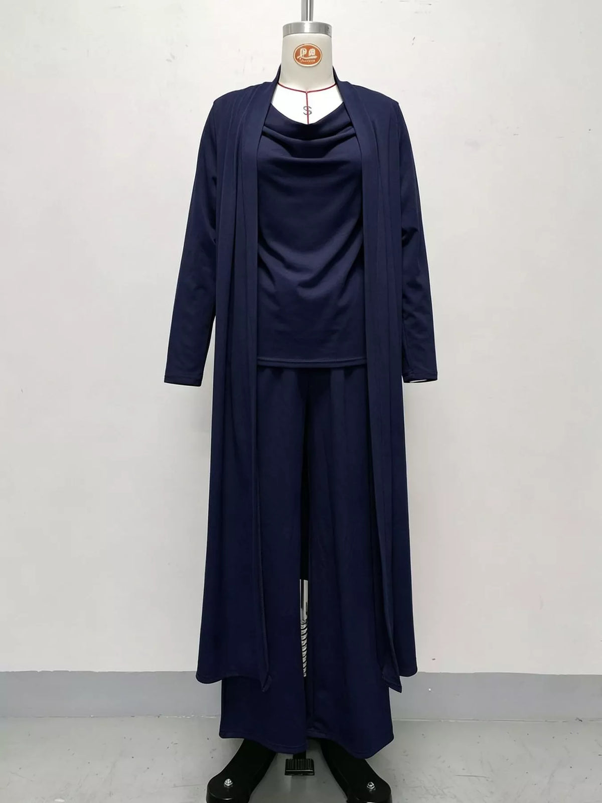 Navy blue cowl neck top, cardigan and pants set, front view