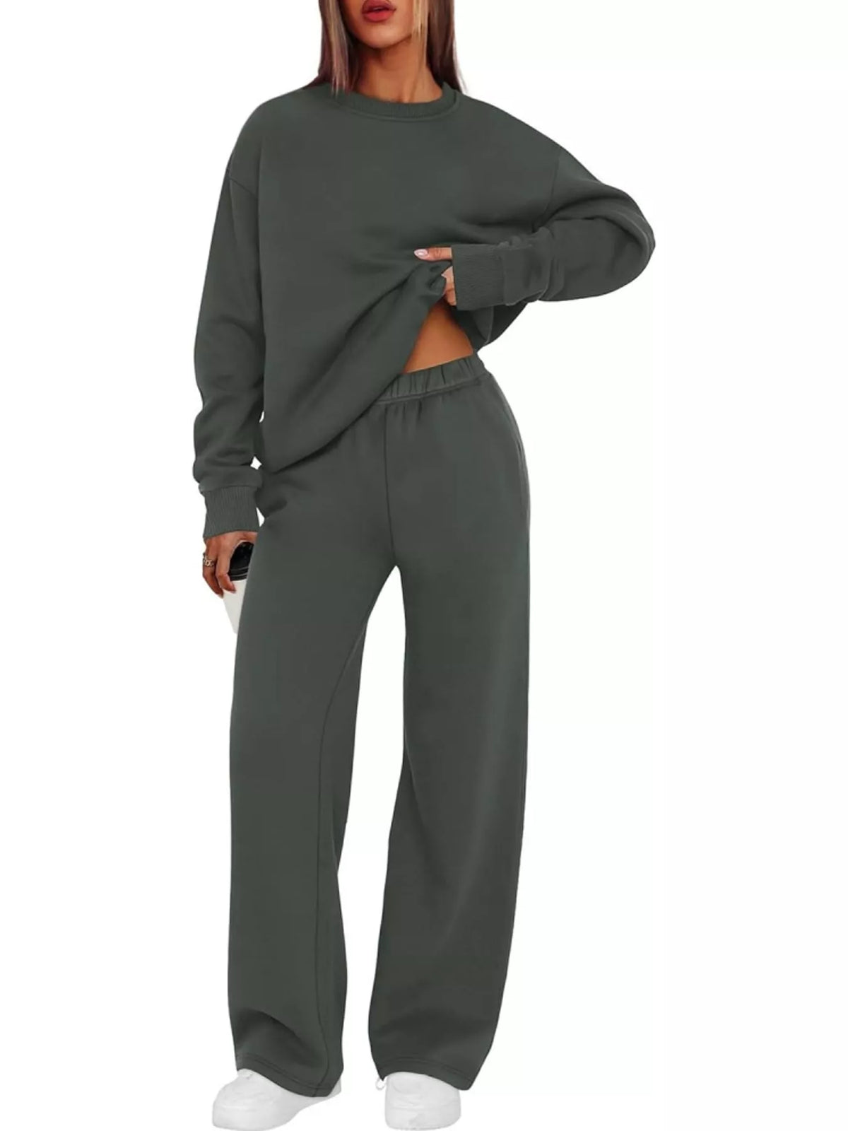 Crewneck Drop Shoulder Sweatshirt and Wide-Leg Pants Set — front view
