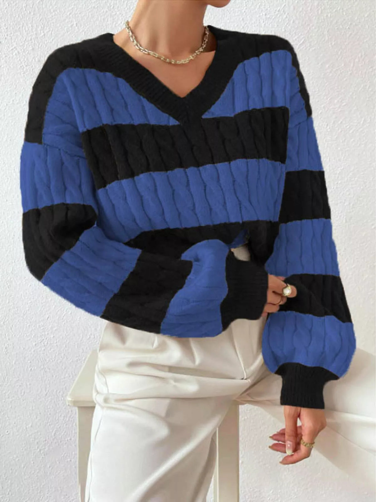 Women's V-Neck Striped Cable Knit Sweater in Black Plus Royal Blue, front view
