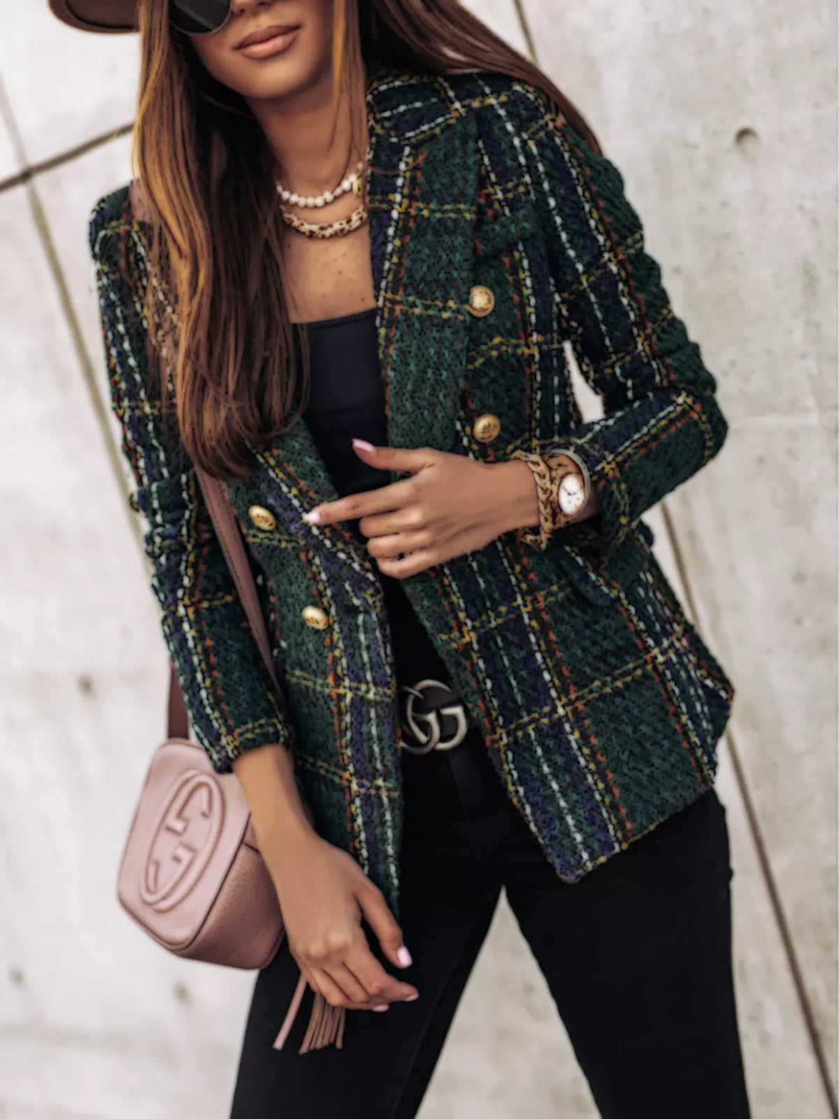 Black forest plaid tweed-look double-breasted blazer