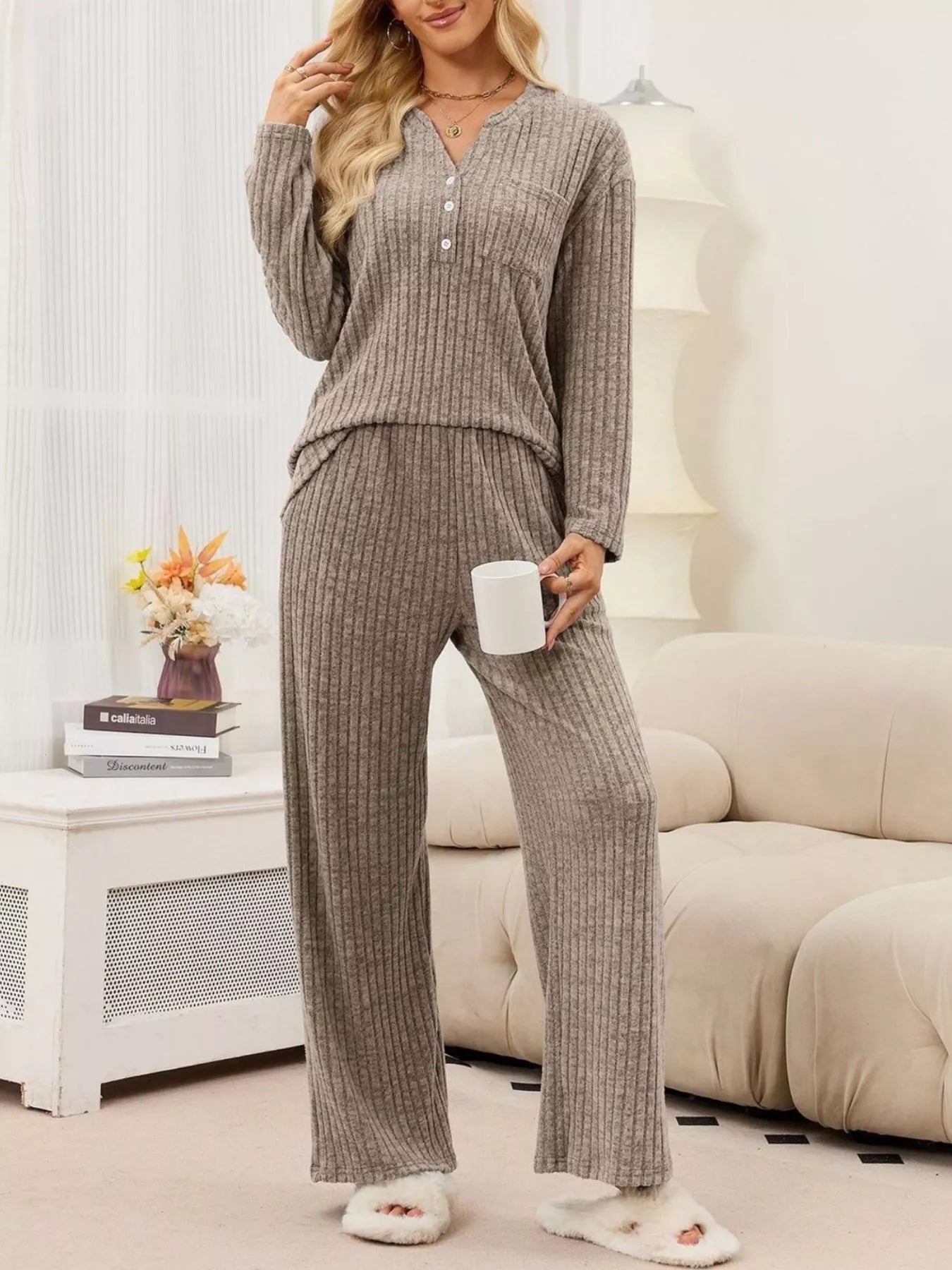 Trendsi Ribbed Knit Top and Wide-Leg Pants Set -