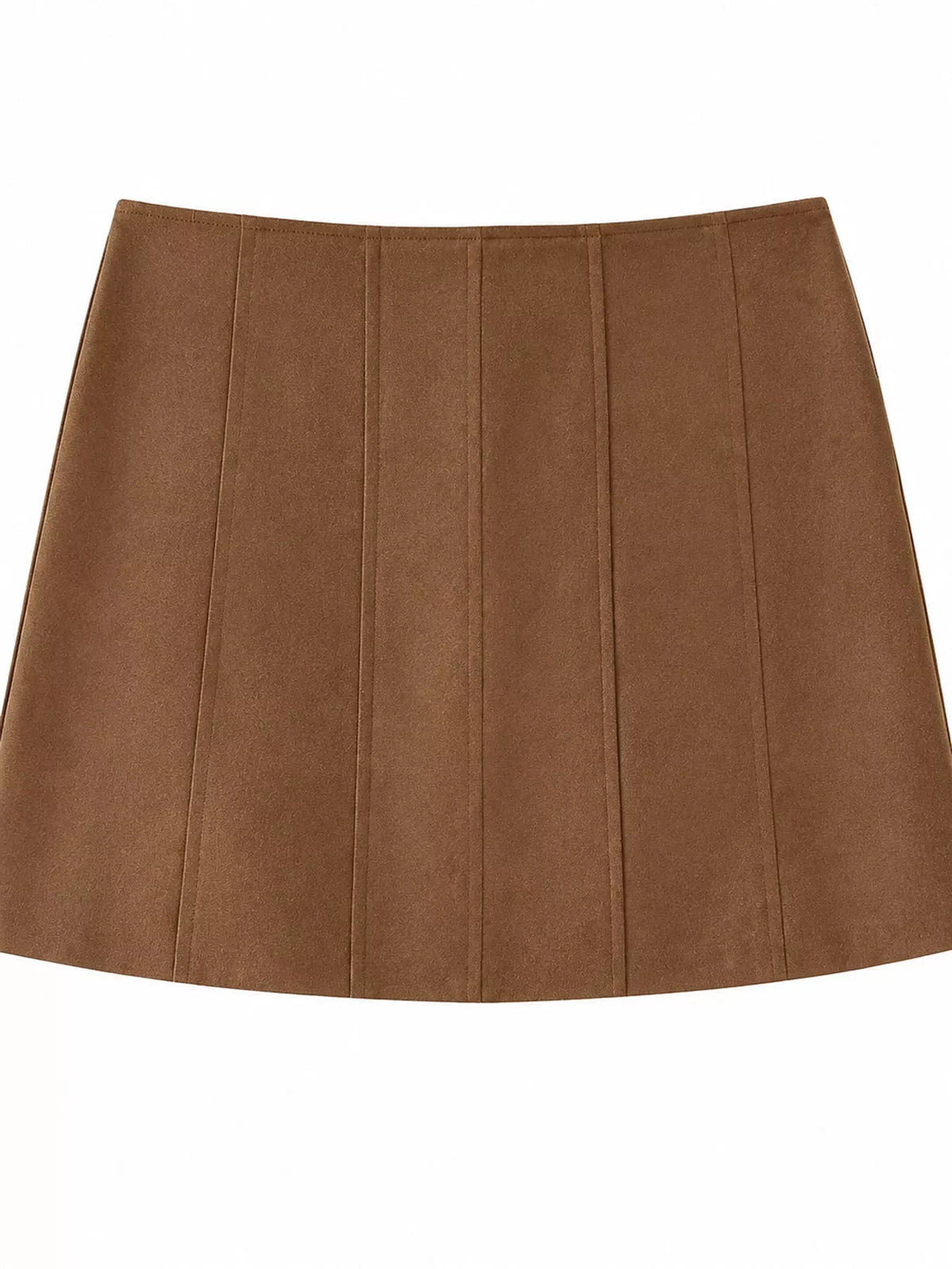 Brown mini skirt, back view