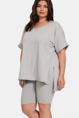 Trendsi Zenana Full Size V-Neck Short Sleeve Slit T-Shirt and Shorts Set -