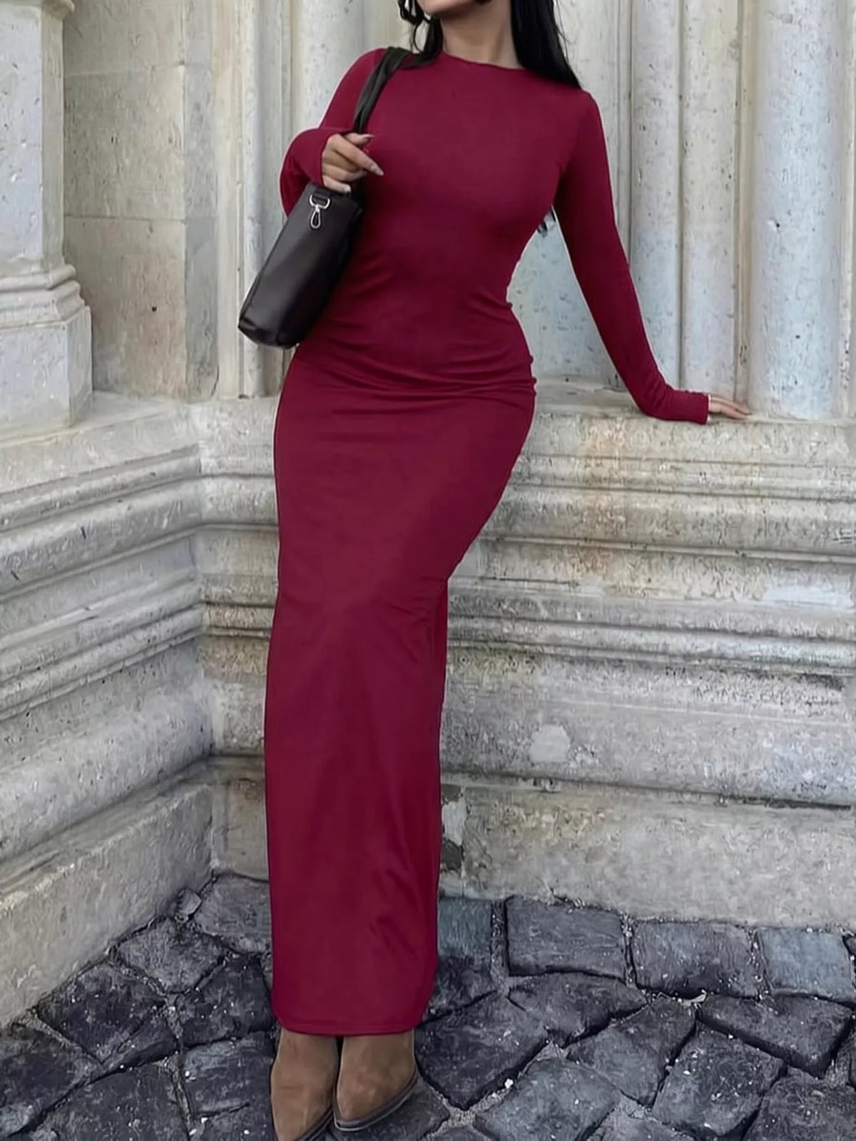 Long-Sleeve Bodycon Maxi Dress in burgundy, front view