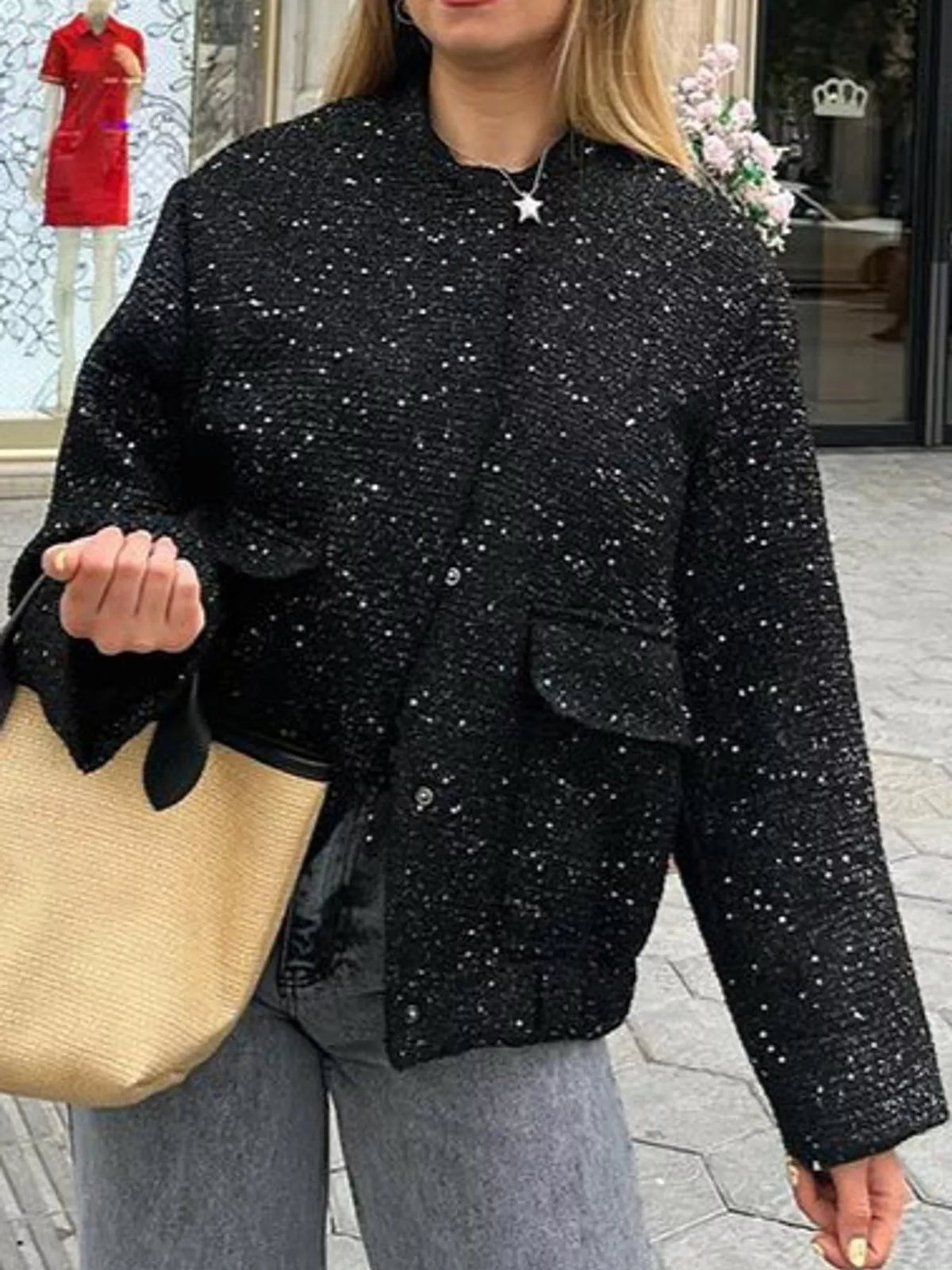 Black tweed textured long sleeve jacket — front view