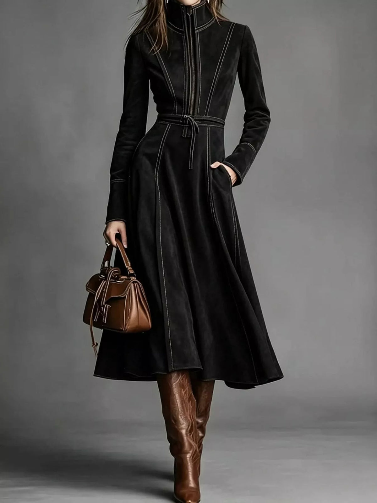 Black zipper front midi dress, front view