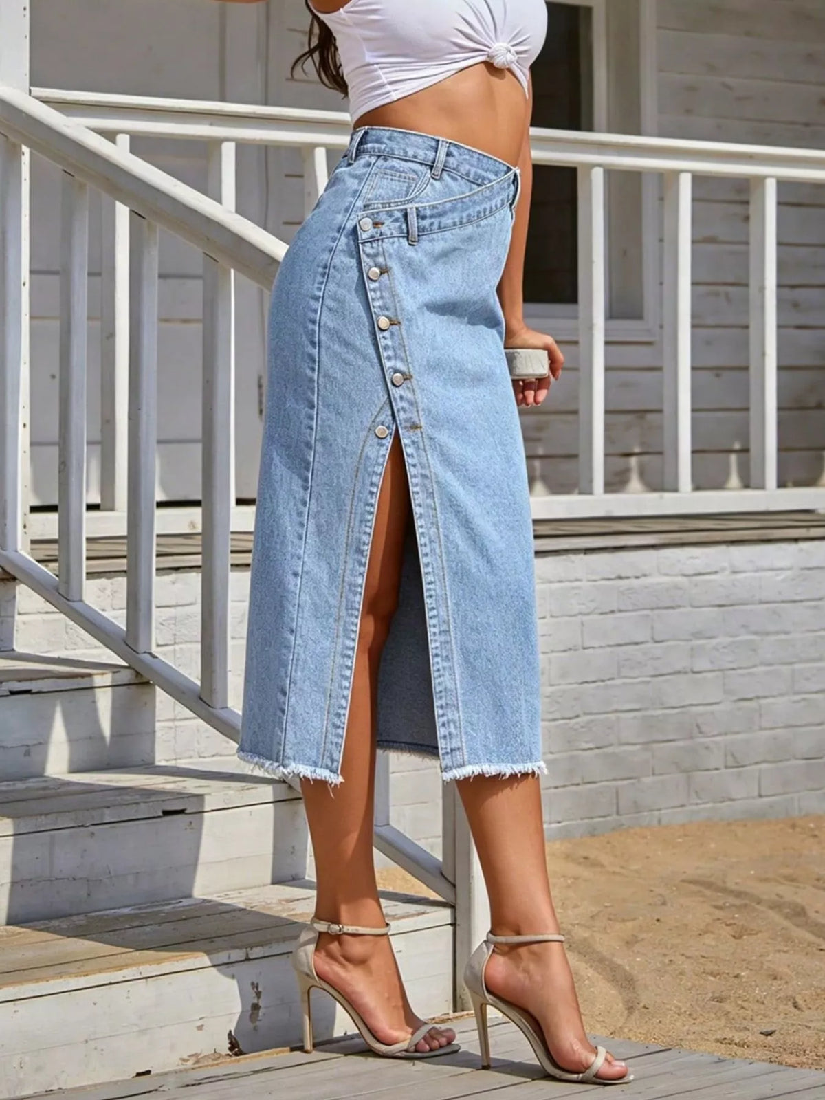 Asymmetric denim skirt, light blue side