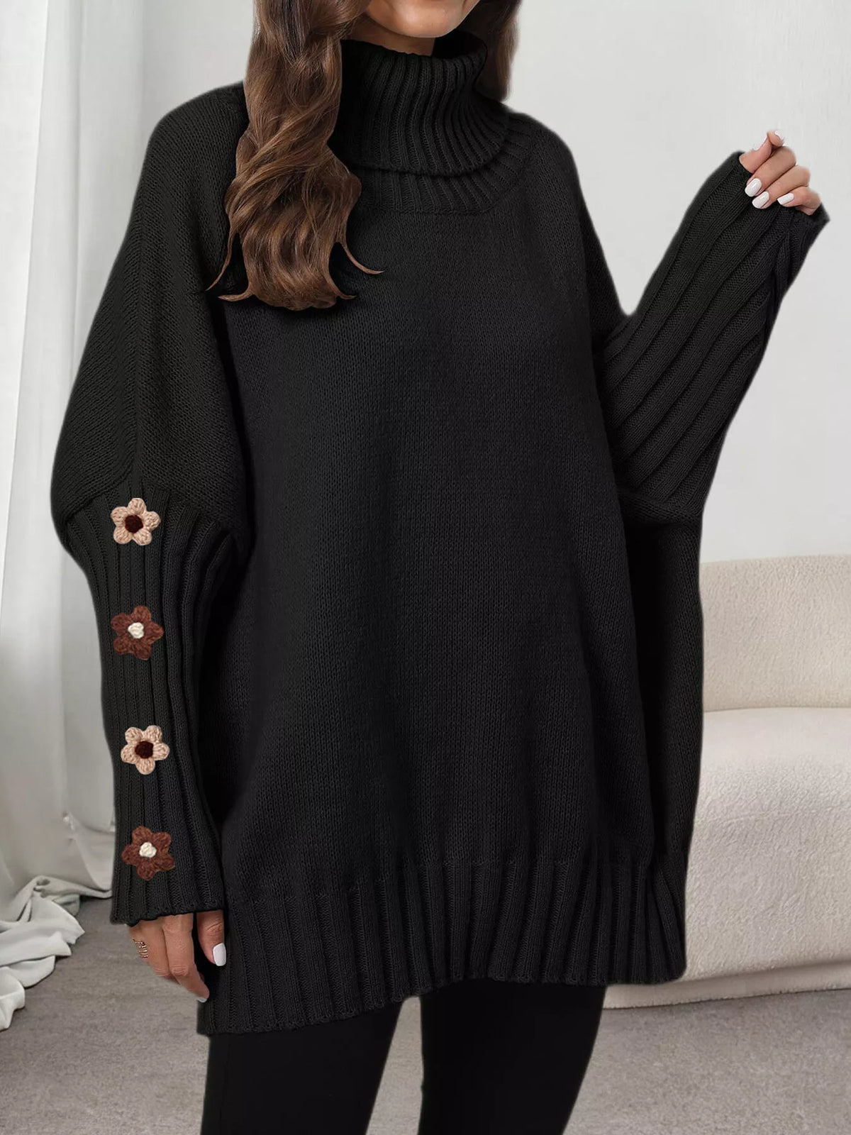 Black oversized floral sleeve turtleneck sweater, front view