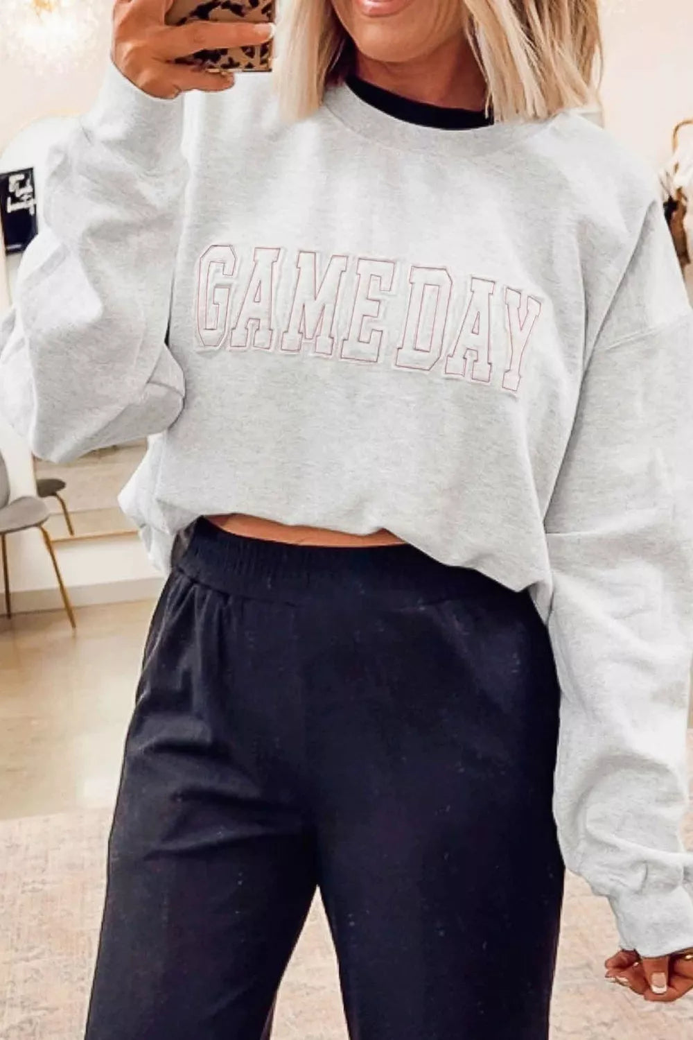 Trendsi Game Day Letter Embroidery Long Sleeve Round Neck Sweatshirt -