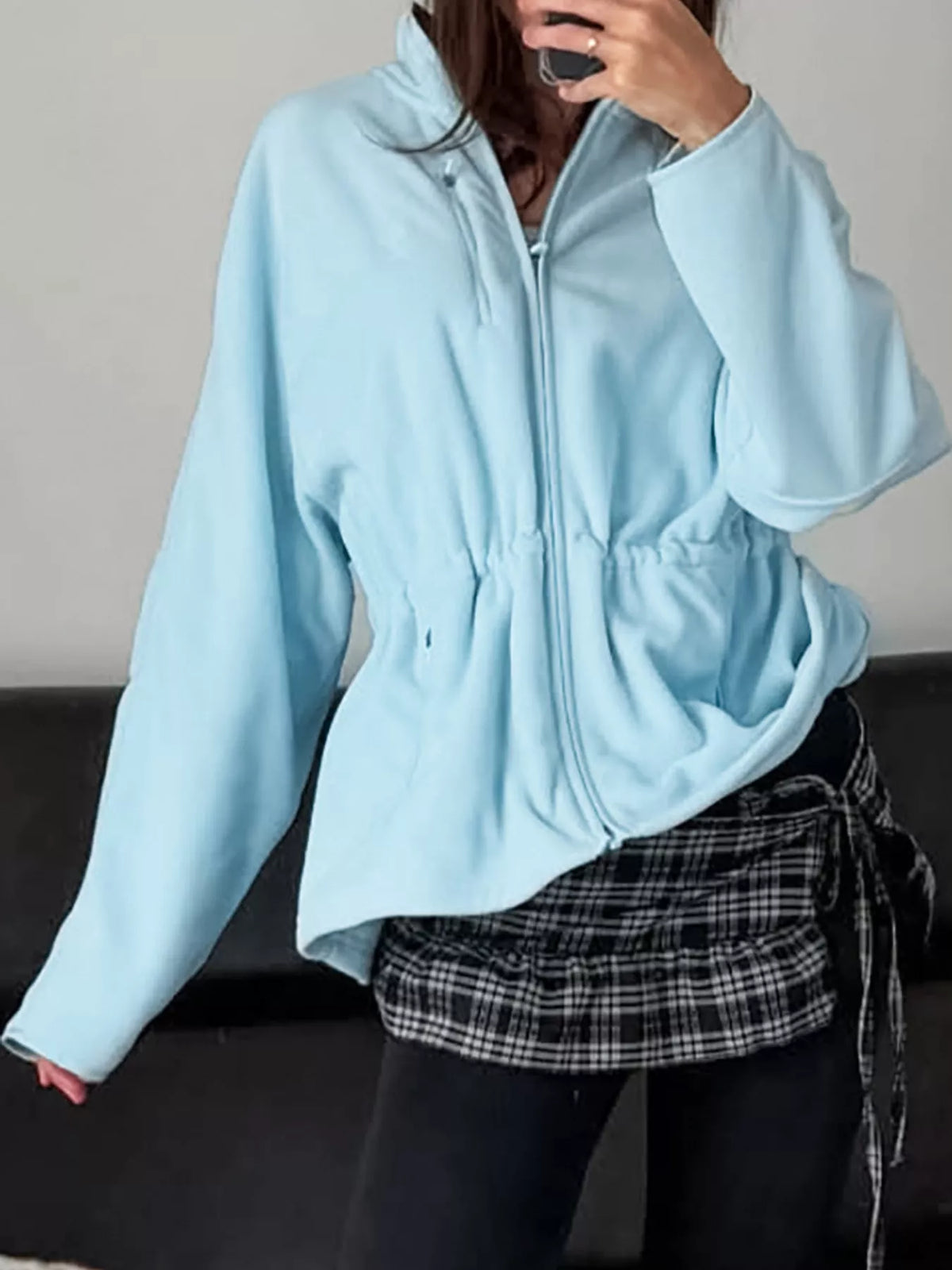 Blue drawstring fleece zip-up jacket