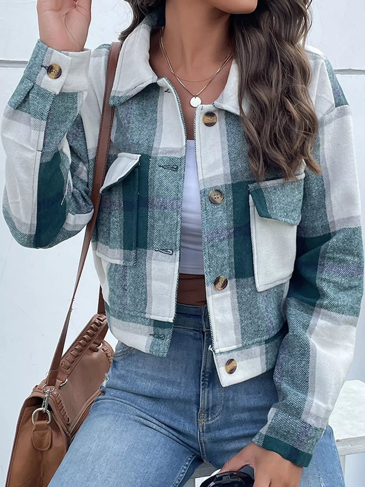 Green plaid button-up cropped jacket