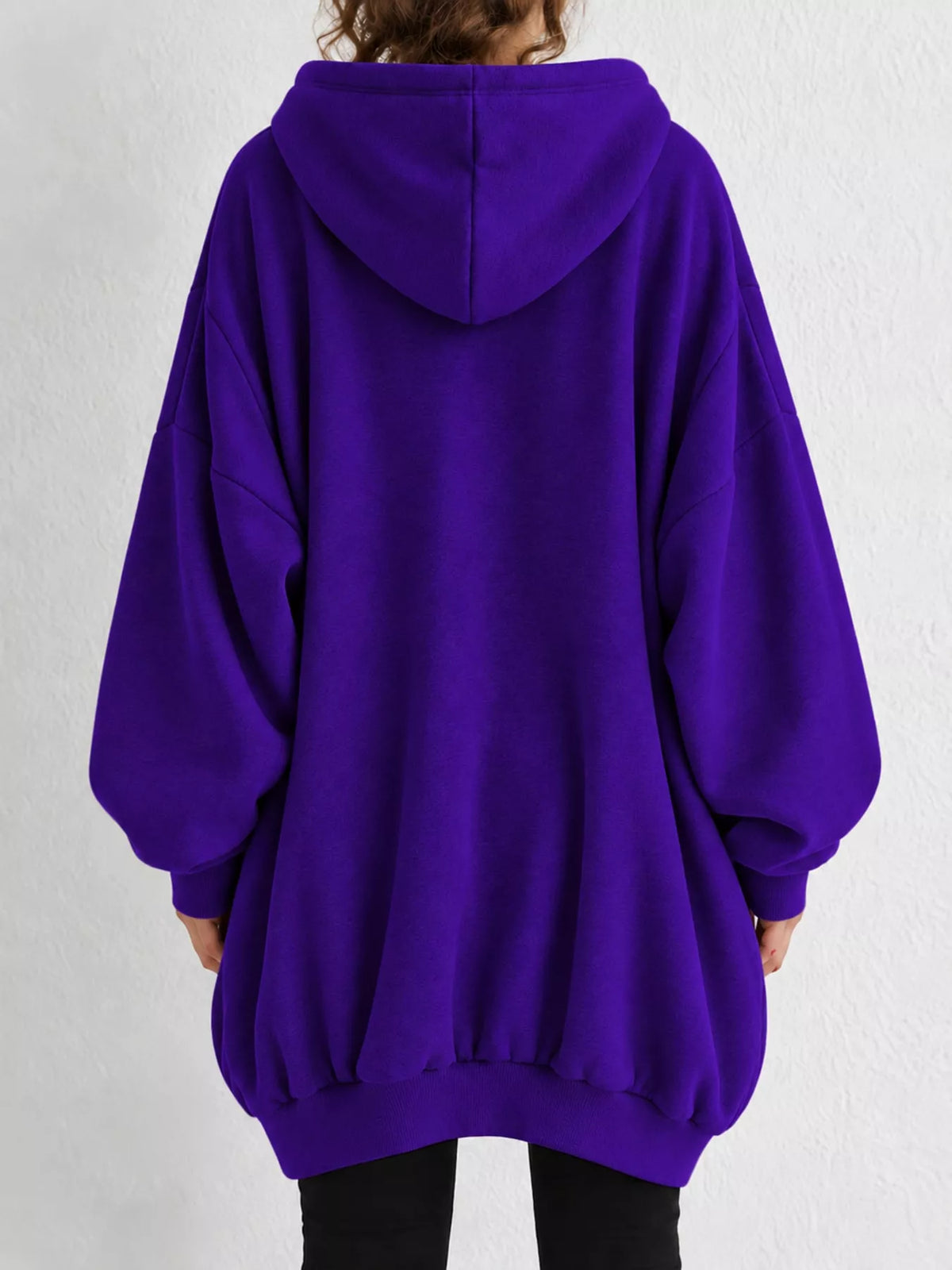 Purple drawstring zip-up oversized hoodie, back view