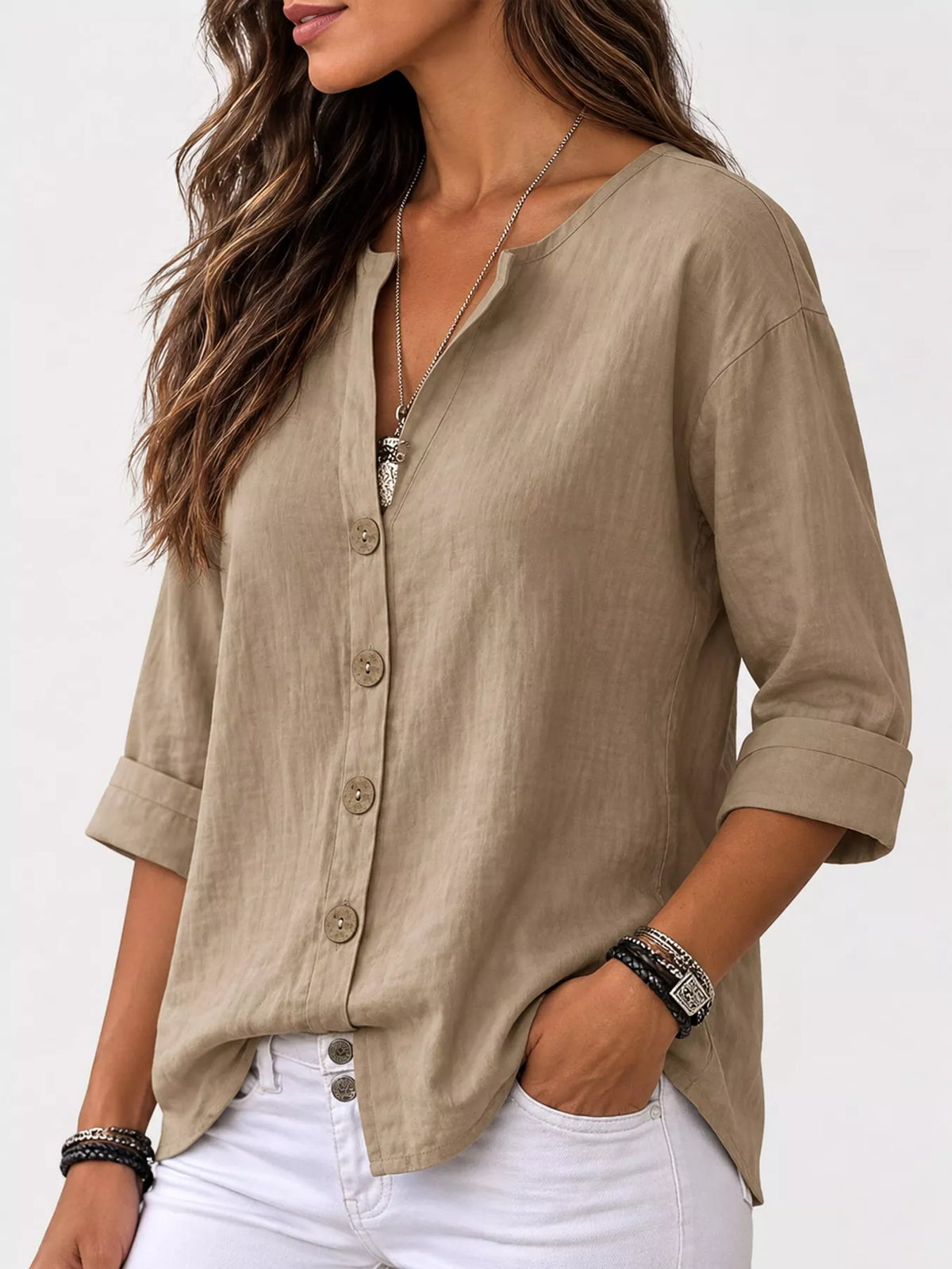 Notched-neck shirt, taupe side