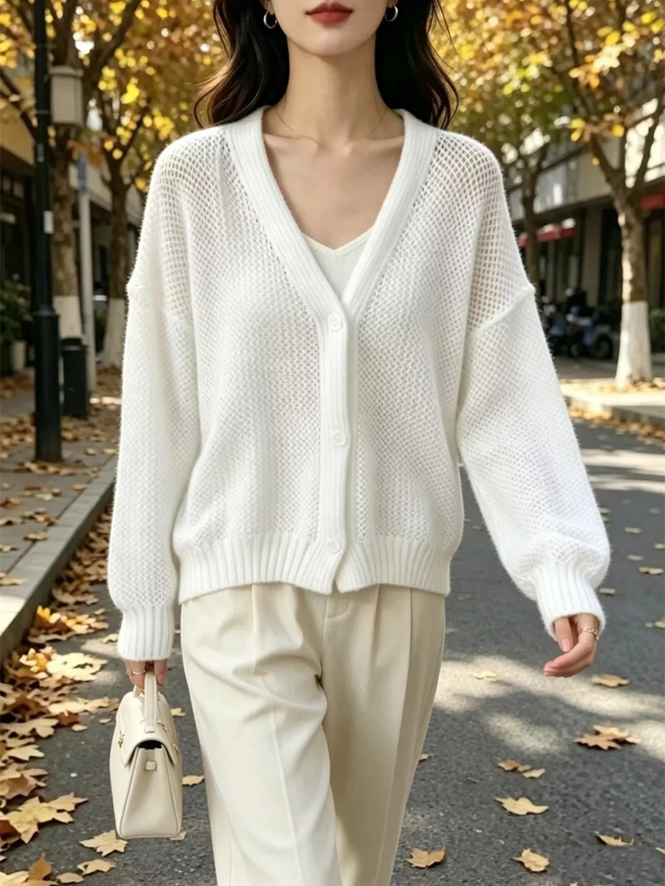 Trendsi V-Neck Open-Knit Button-Down Cardigan -