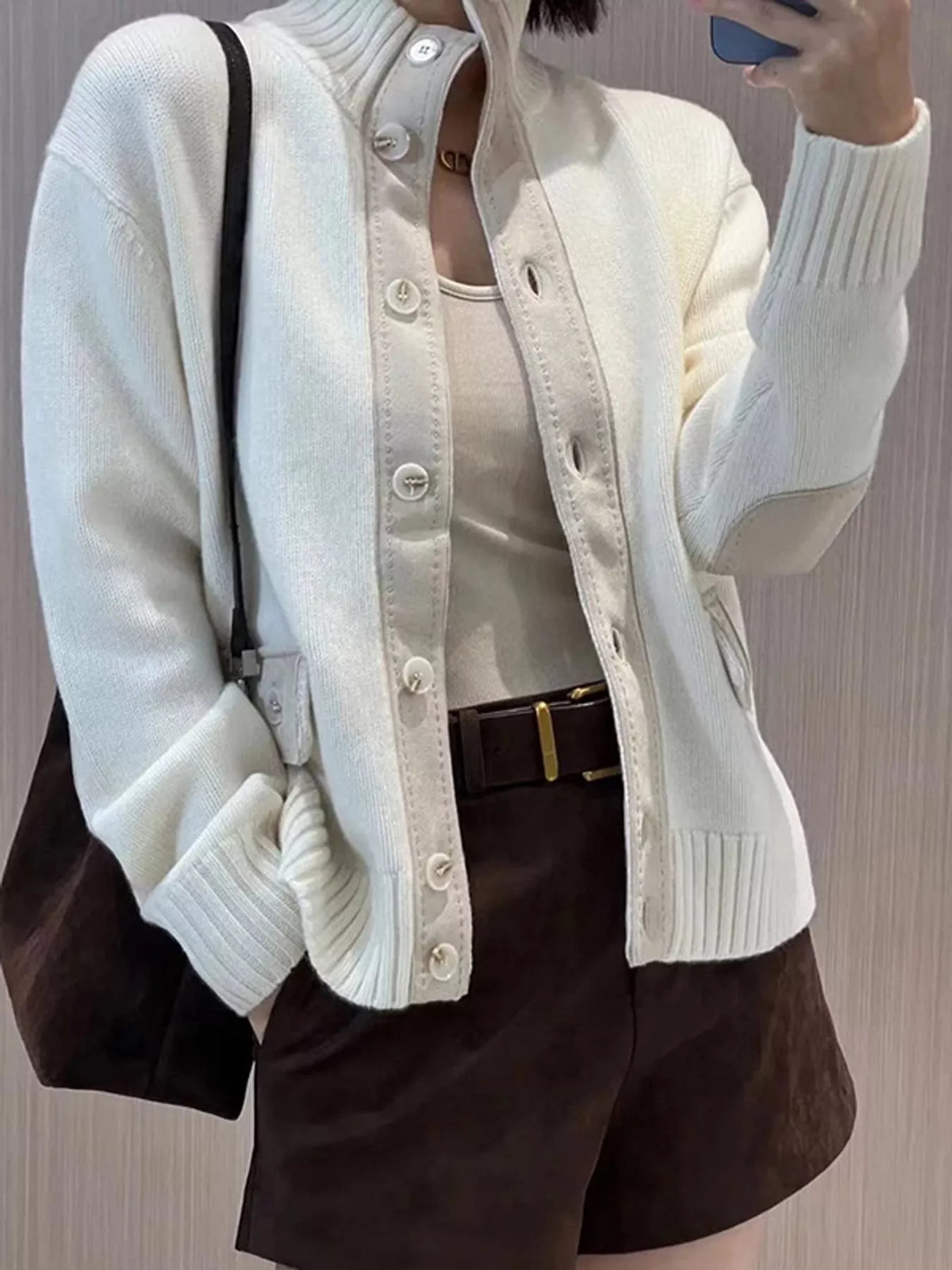 Ribbed-Knit Mock Neck Cardigan in white, front view