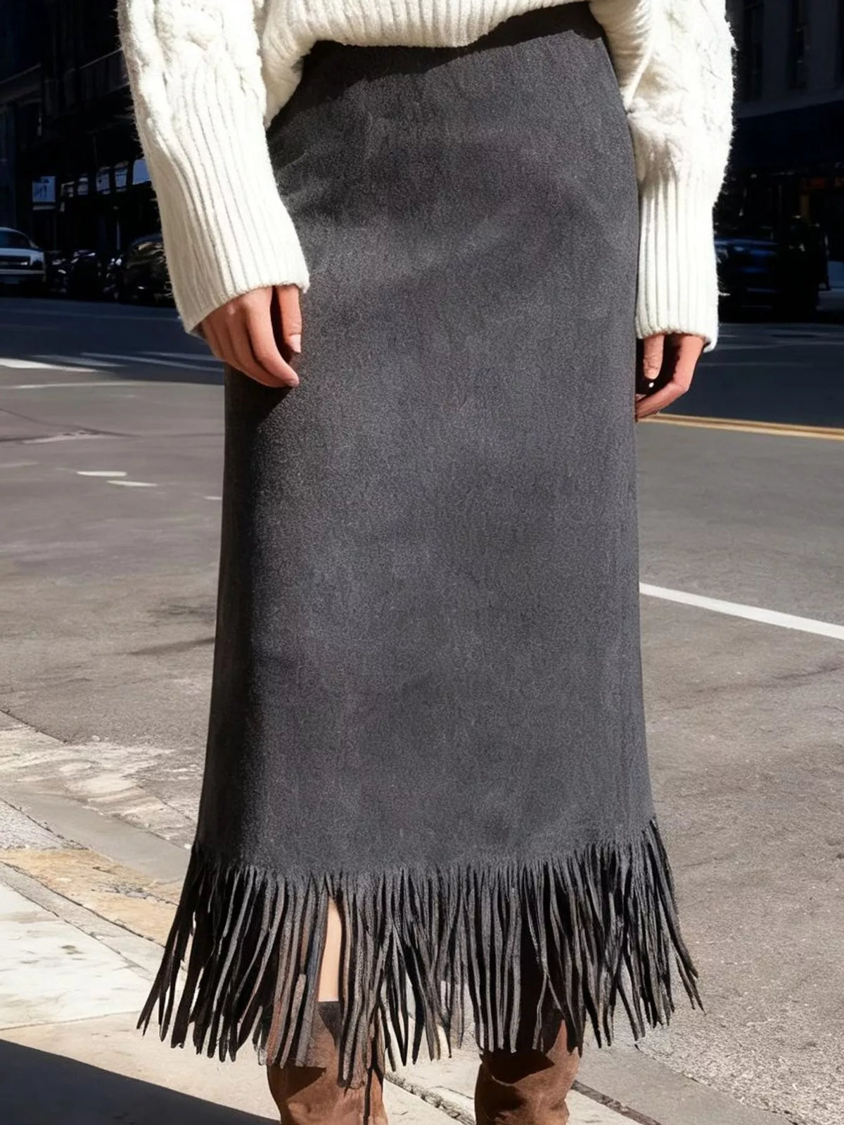 Gray fringe midi skirt