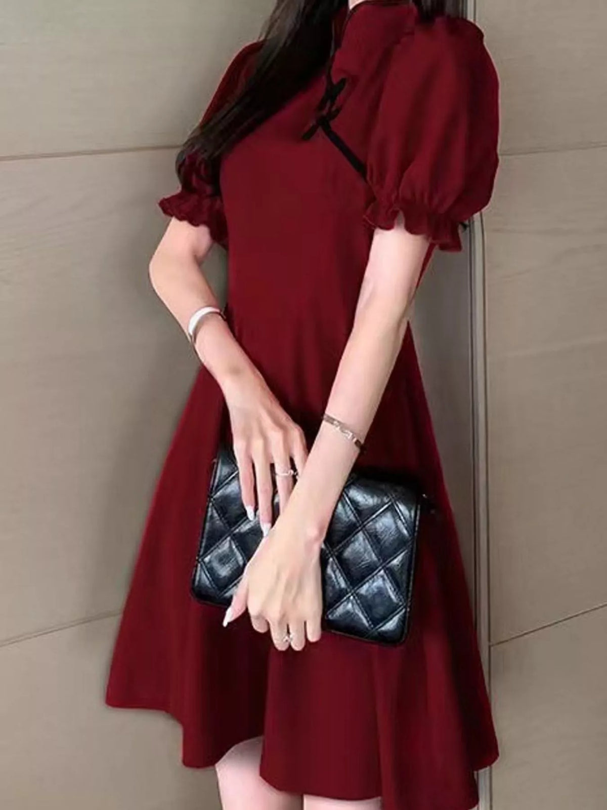 Mandarin neck short sleeve mini dress, side view