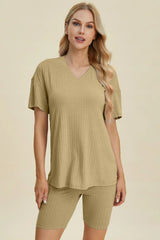 Trendsi Basic Bae Full Size Ribbed V-Neck Short Sleeve Top and Shorts Set -