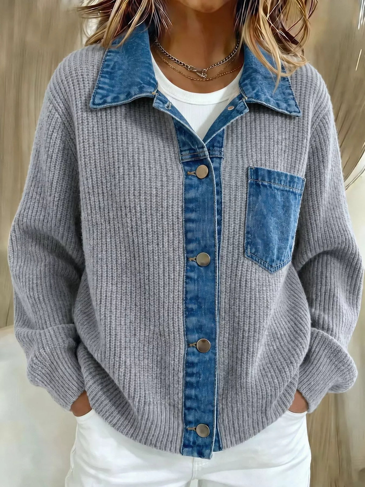 Gray Denim Trim Button-Up Cardigan front view