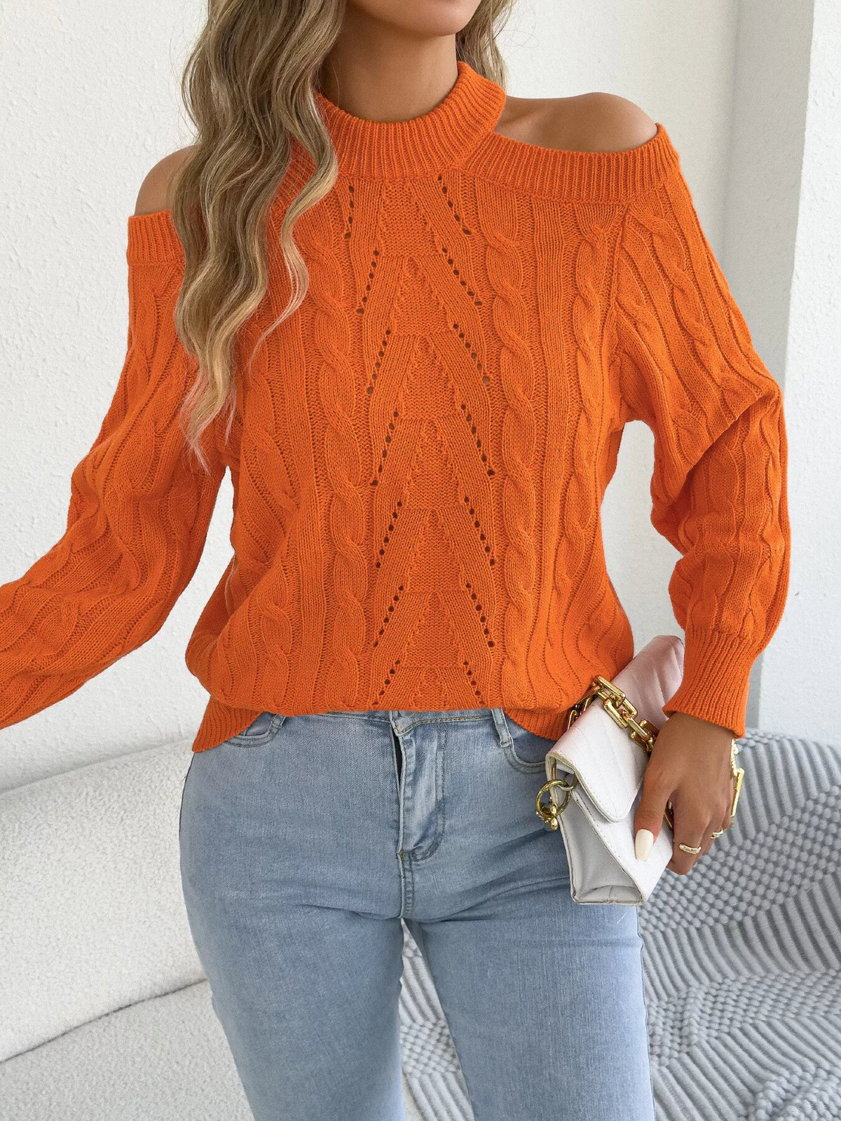 Cold Shoulder Cable Knit Sweater in orange, front view