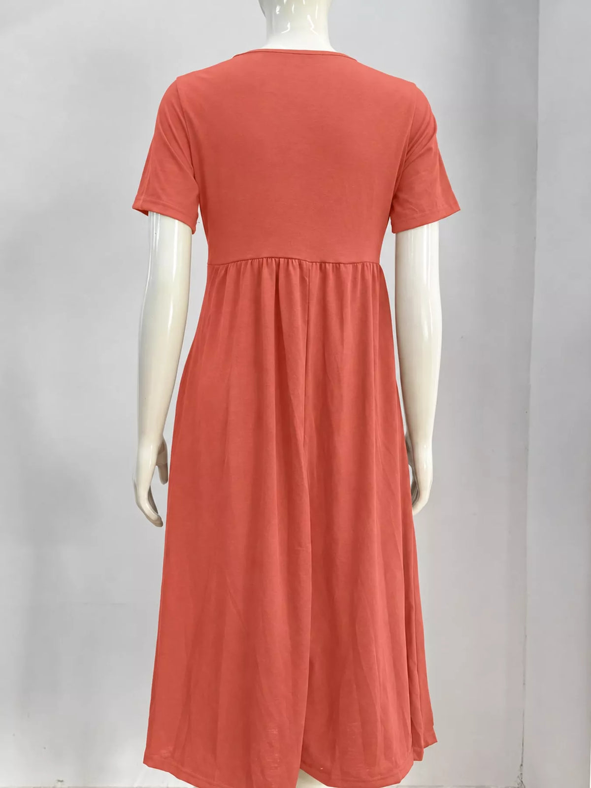 Orange crisscross short sleeve midi dress, back view
