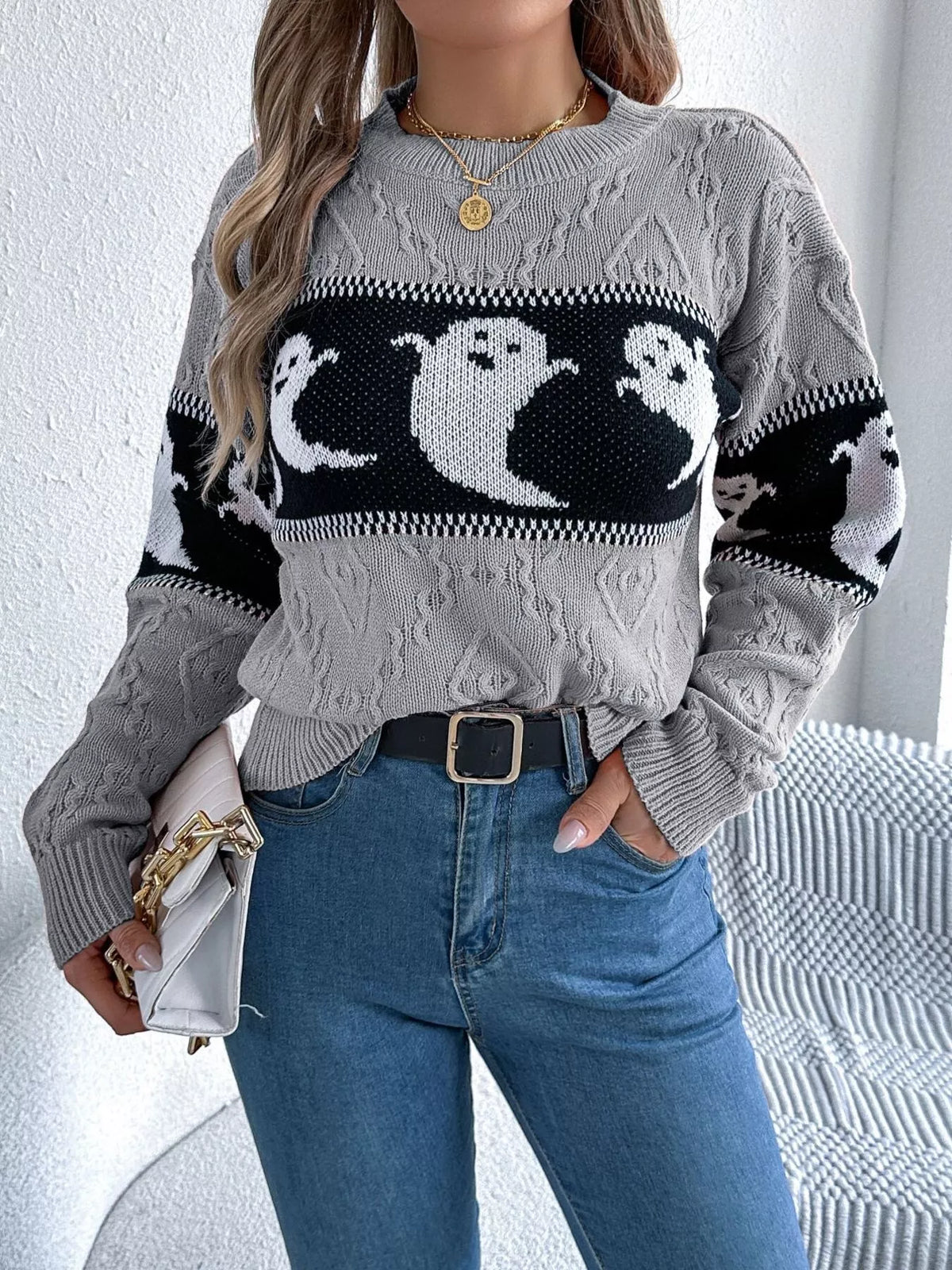 Halloween Ghost Pattern Textured Sweater in gray, front view