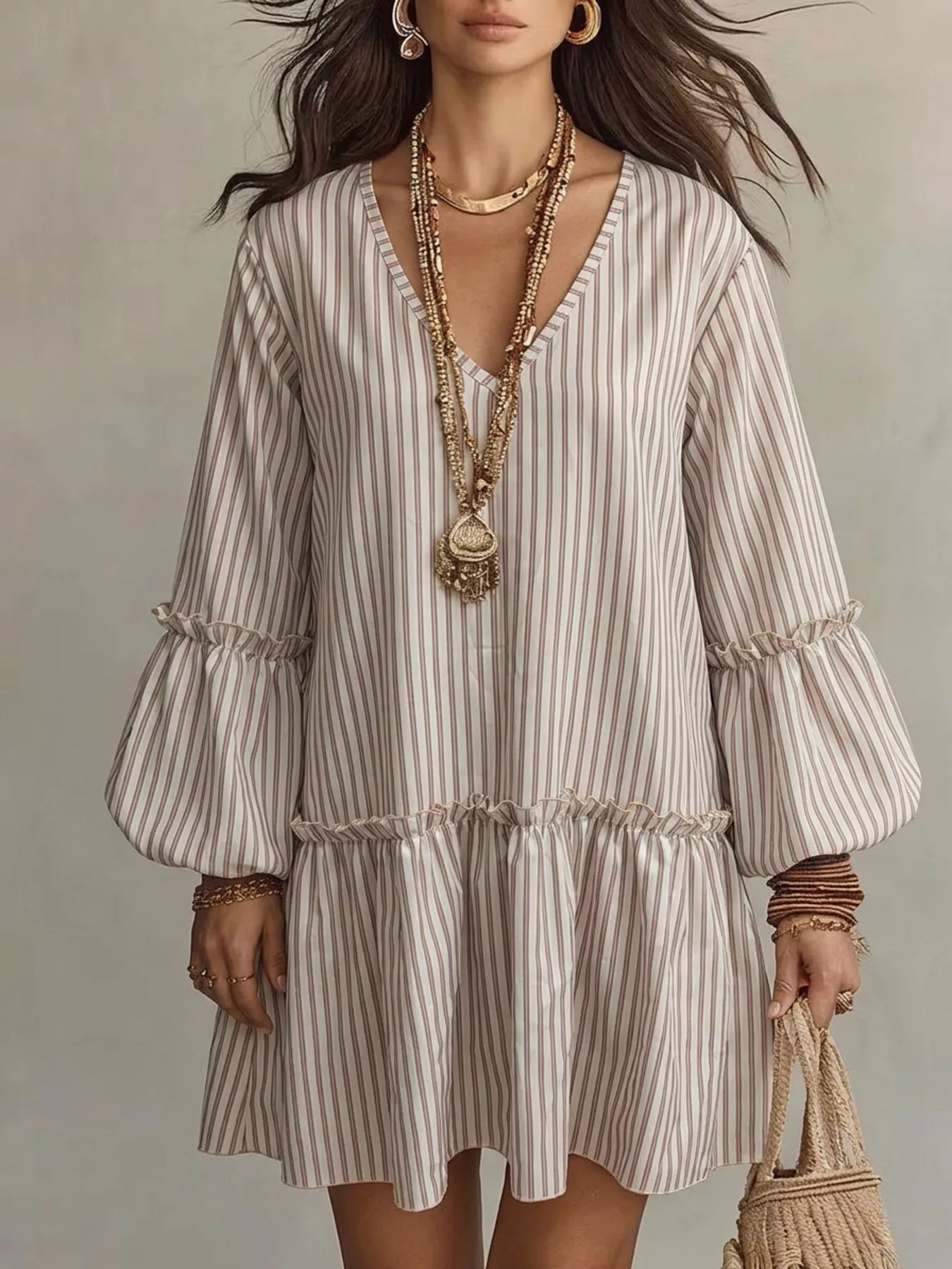 Trendsi Full Size Striped Balloon Sleeve Mini Dress Plus Size -