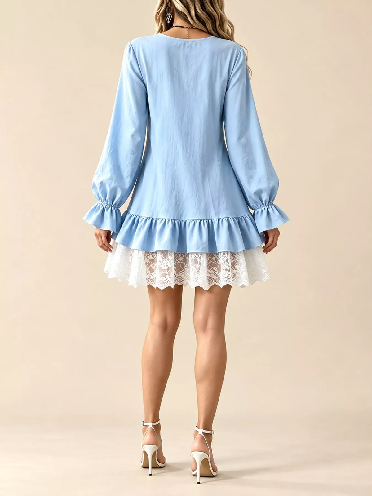 Lace-hem dress, blue back