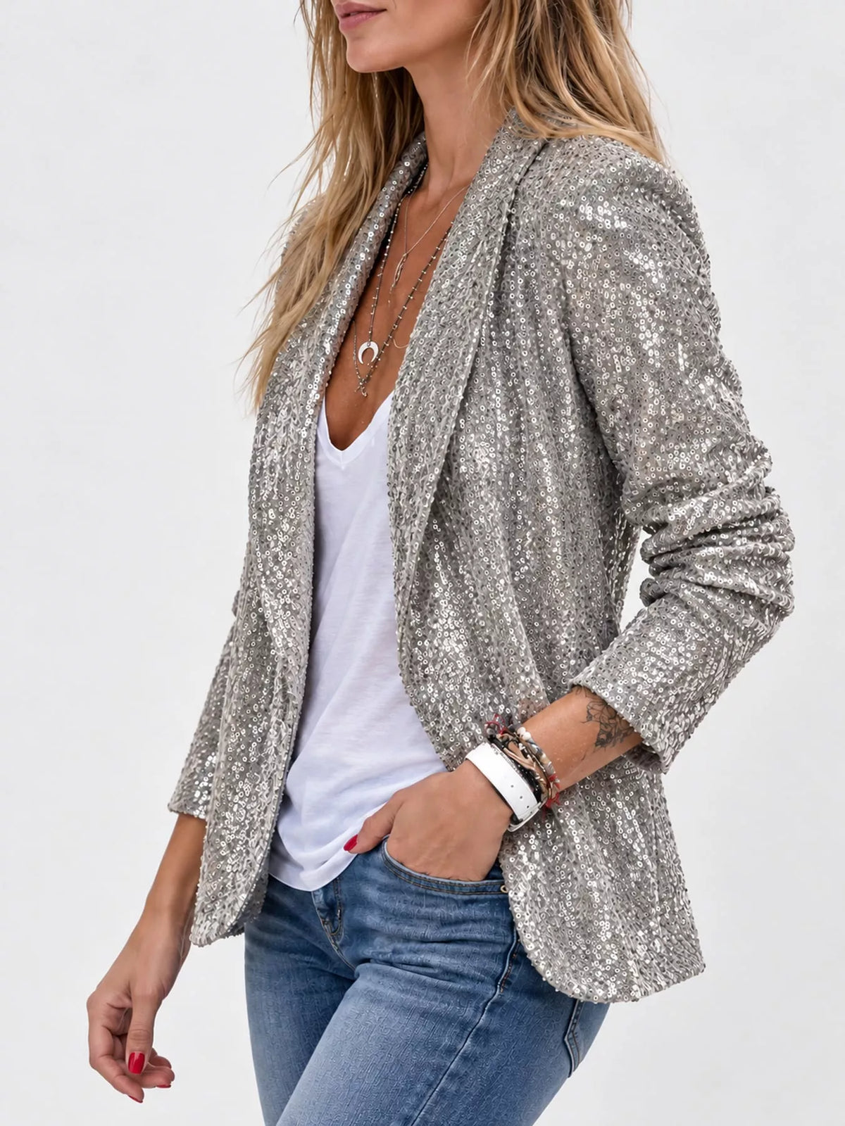 Sequin Open-Front Blazer in gray