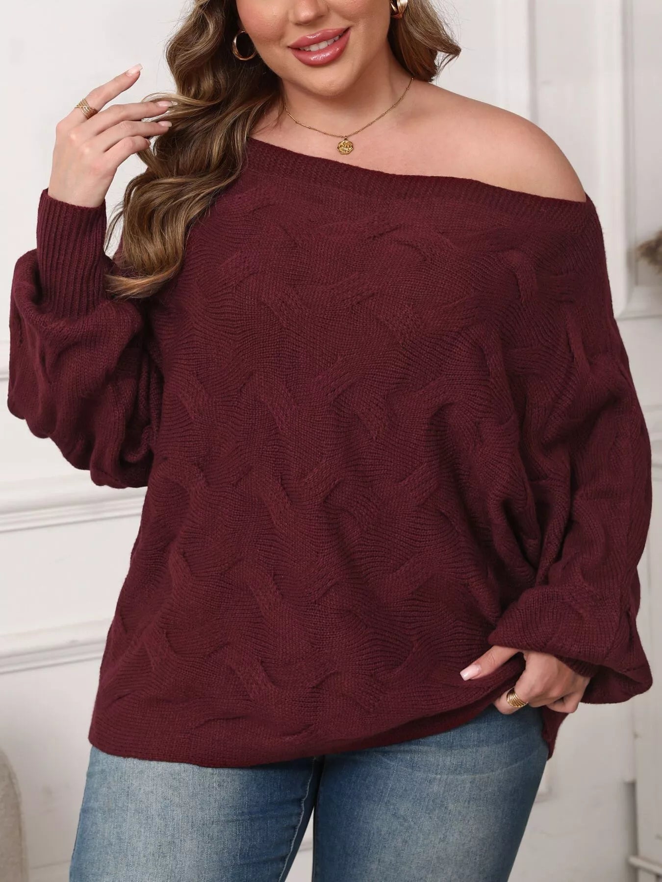 Trendsi Plus Size Off-Shoulder Long Sleeve Sweater -