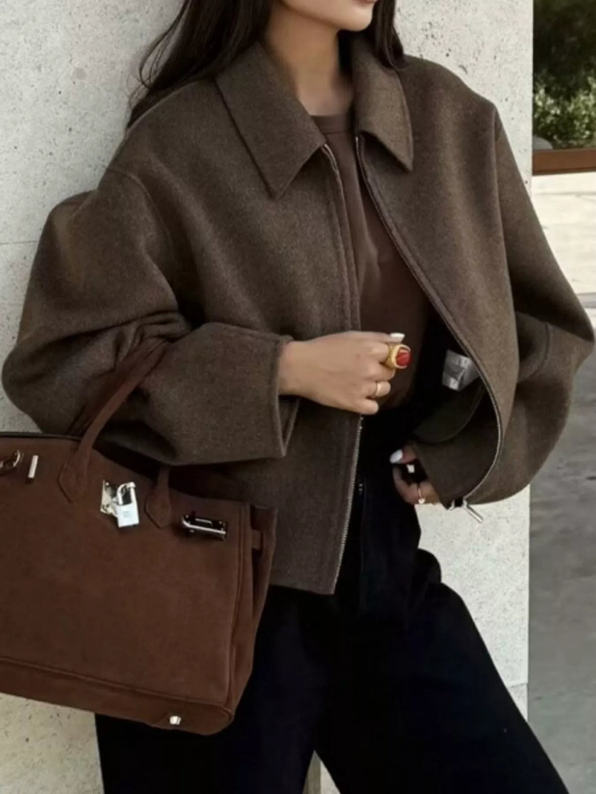 Zip-Up Dropped Shoulder Jacket — front view
