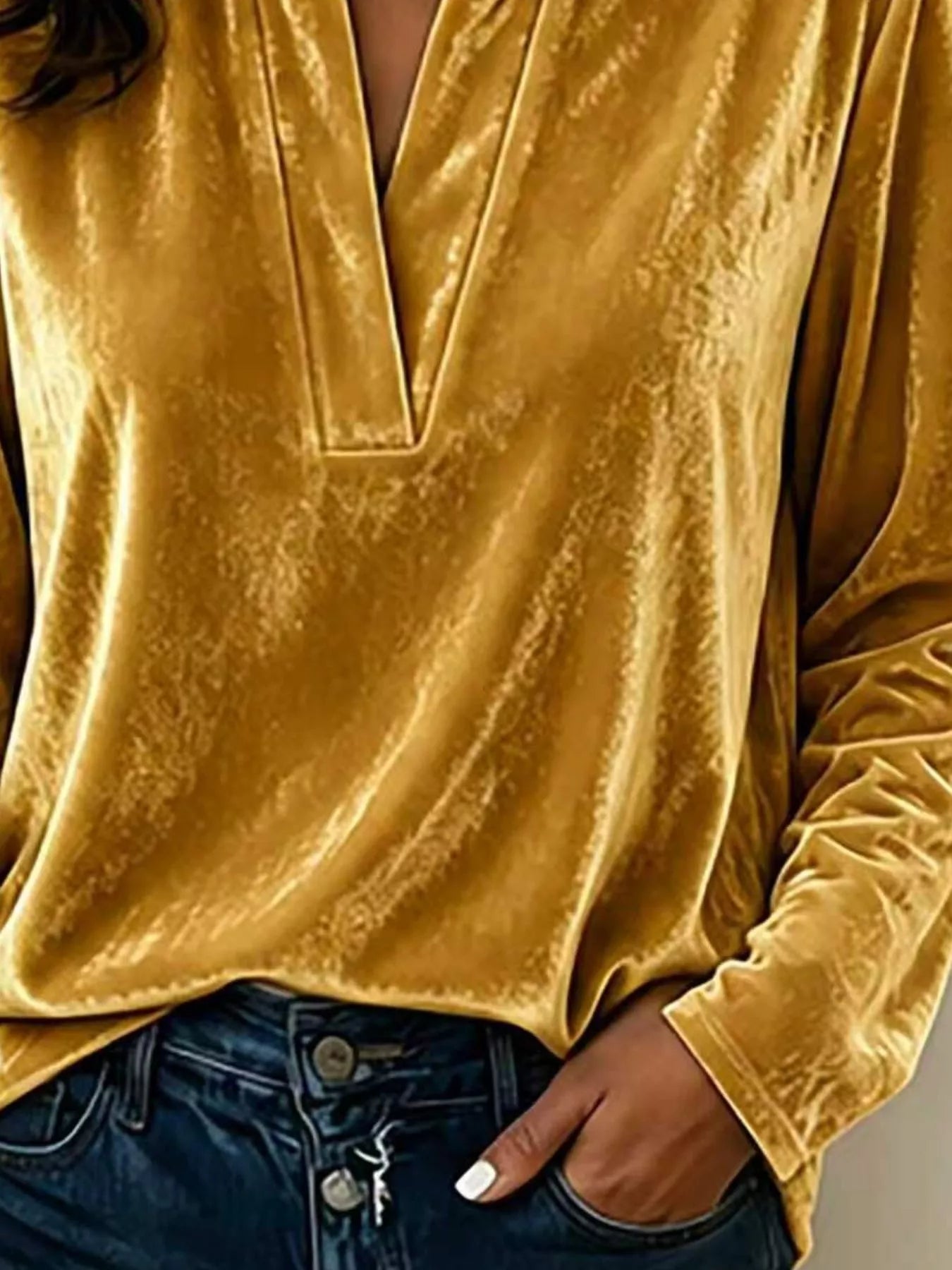 Trendsi Full Size Velvet Notched Long Sleeve Blouse Plus Size -