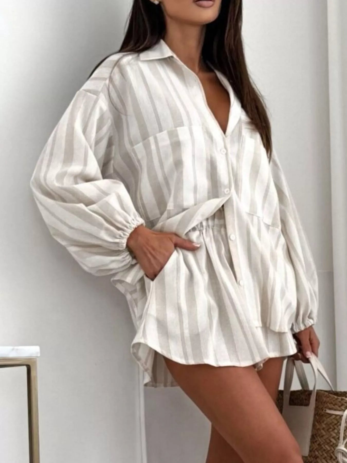 Trendsi Long Sleeve Shirt and High-Waisted Shorts Set -