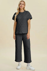 Trendsi Double Take Full Size Texture Round Neck Short Sleeve Top and Pants Set -