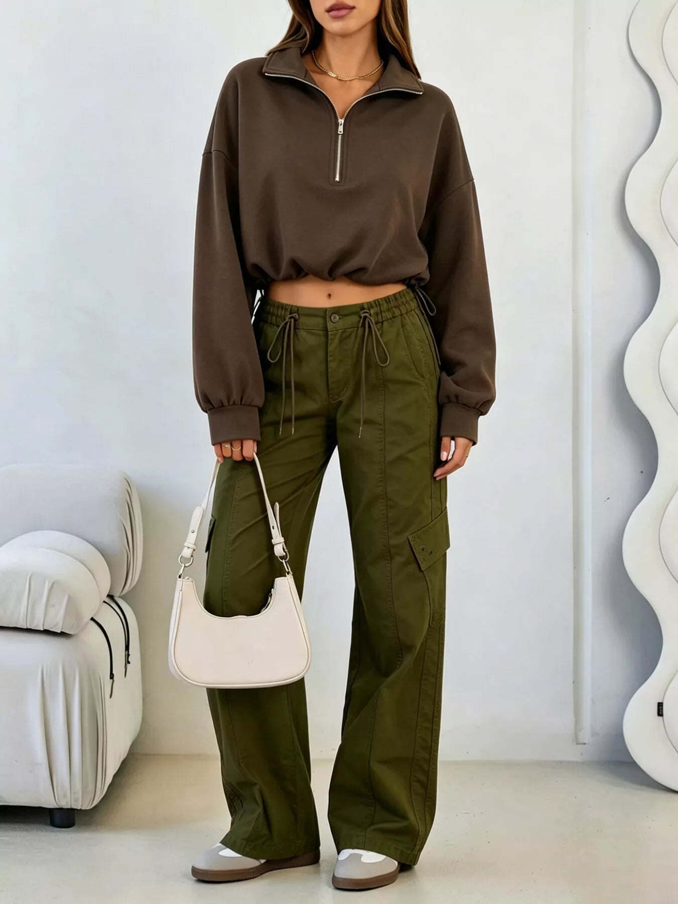 Trendsi Half Zip Drawstring Hem Sweatshirt -
