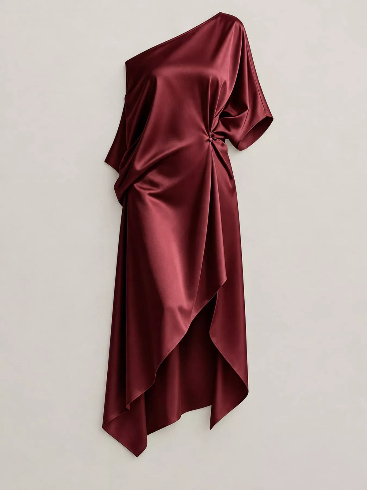 One-shoulder dress, burgundy hanging front