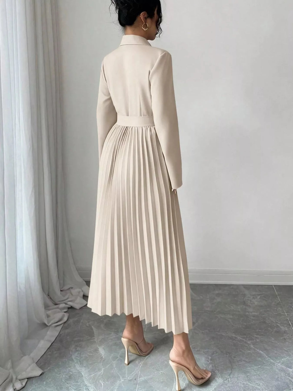 Beige belted blazer-style pleated midi dress, back view