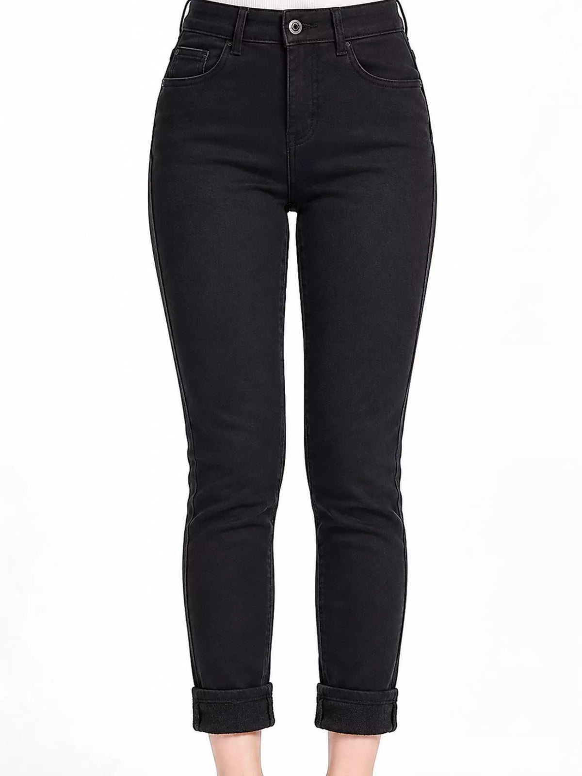 High-Waisted Slim-Fit Stretch Fleece Jeans — front view