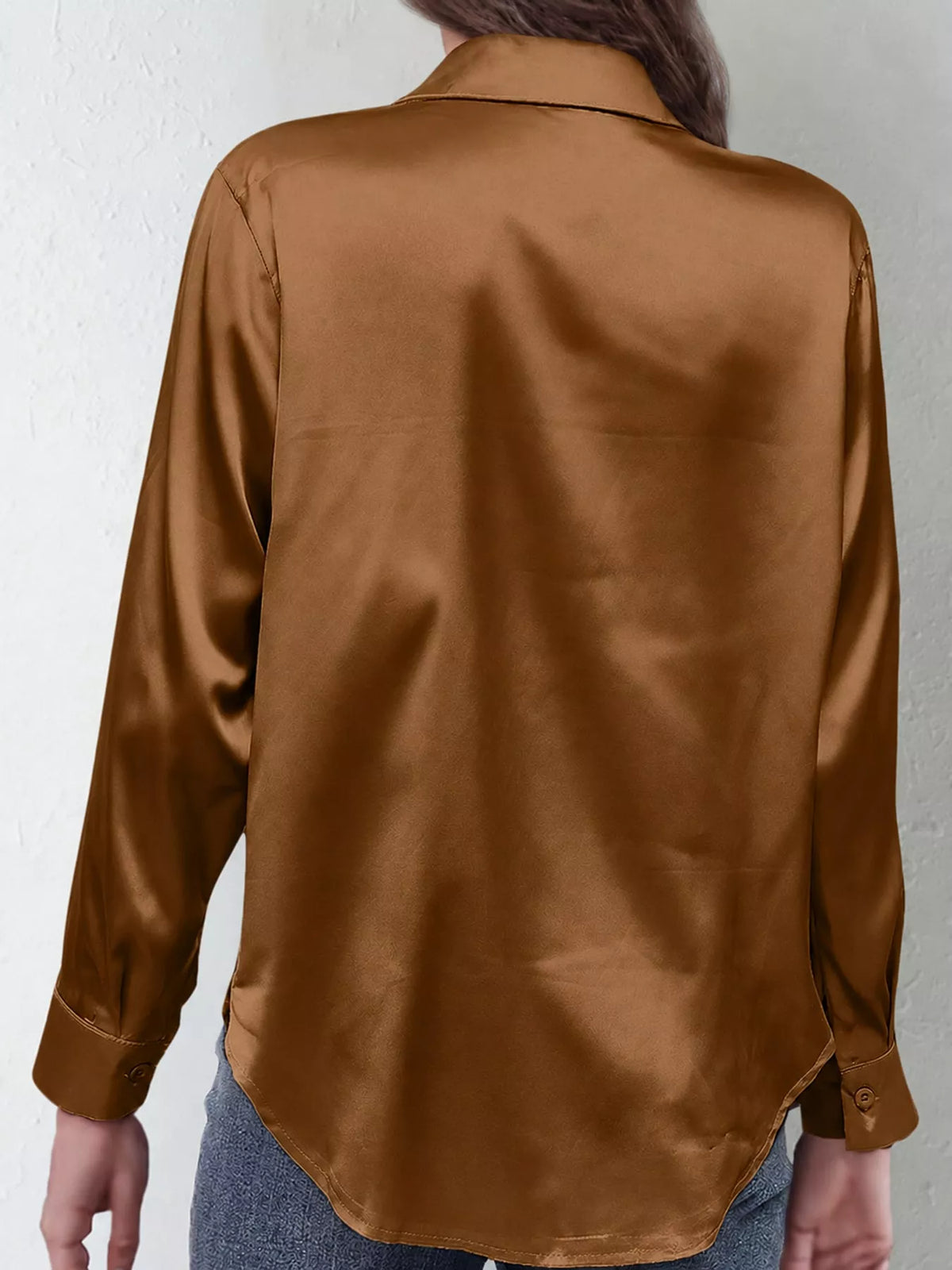 Dark Brown satin button-down long sleeve shirt, back view