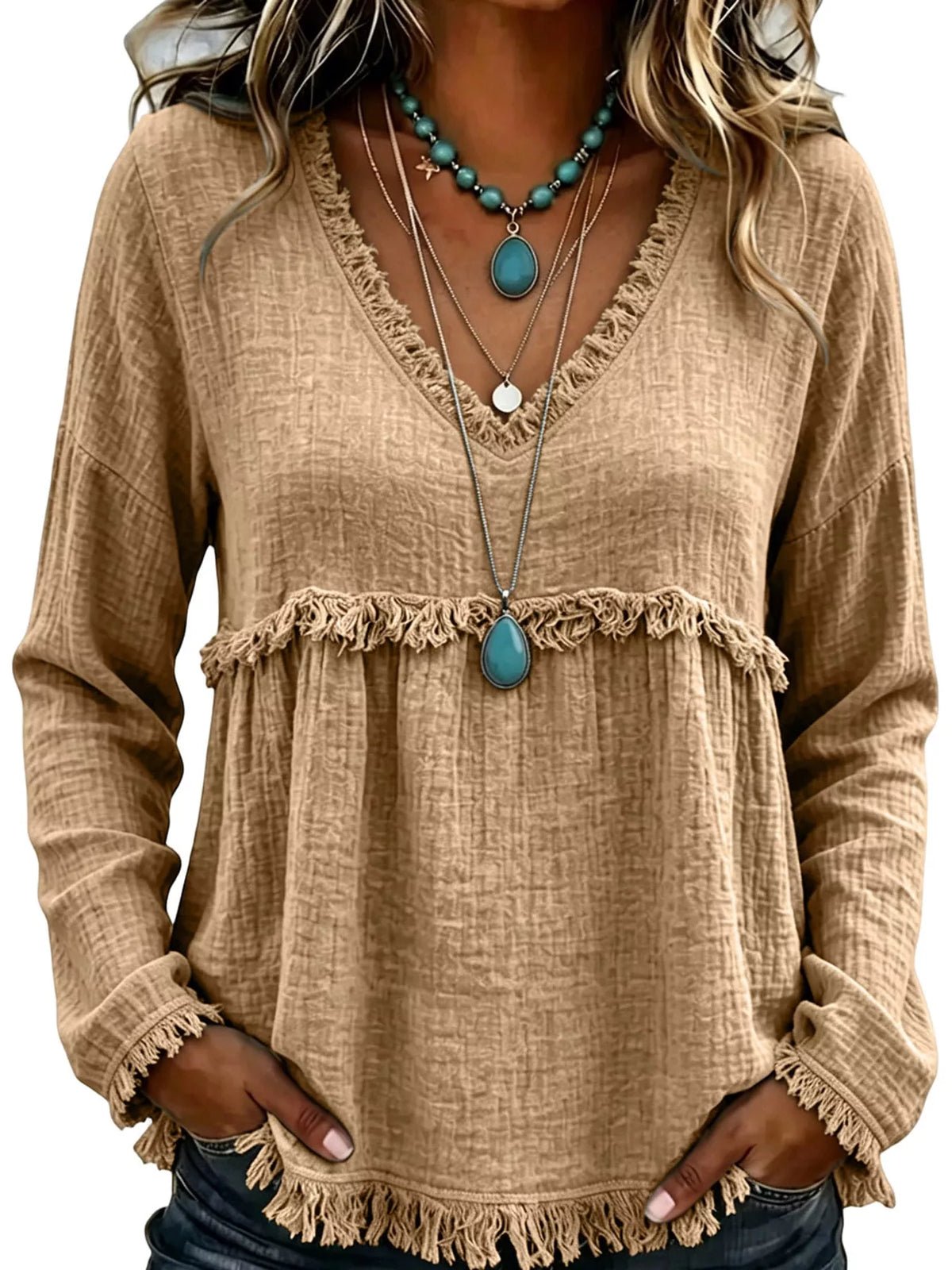 Frayed-Trim V-Neck Peplum Sweater — front view